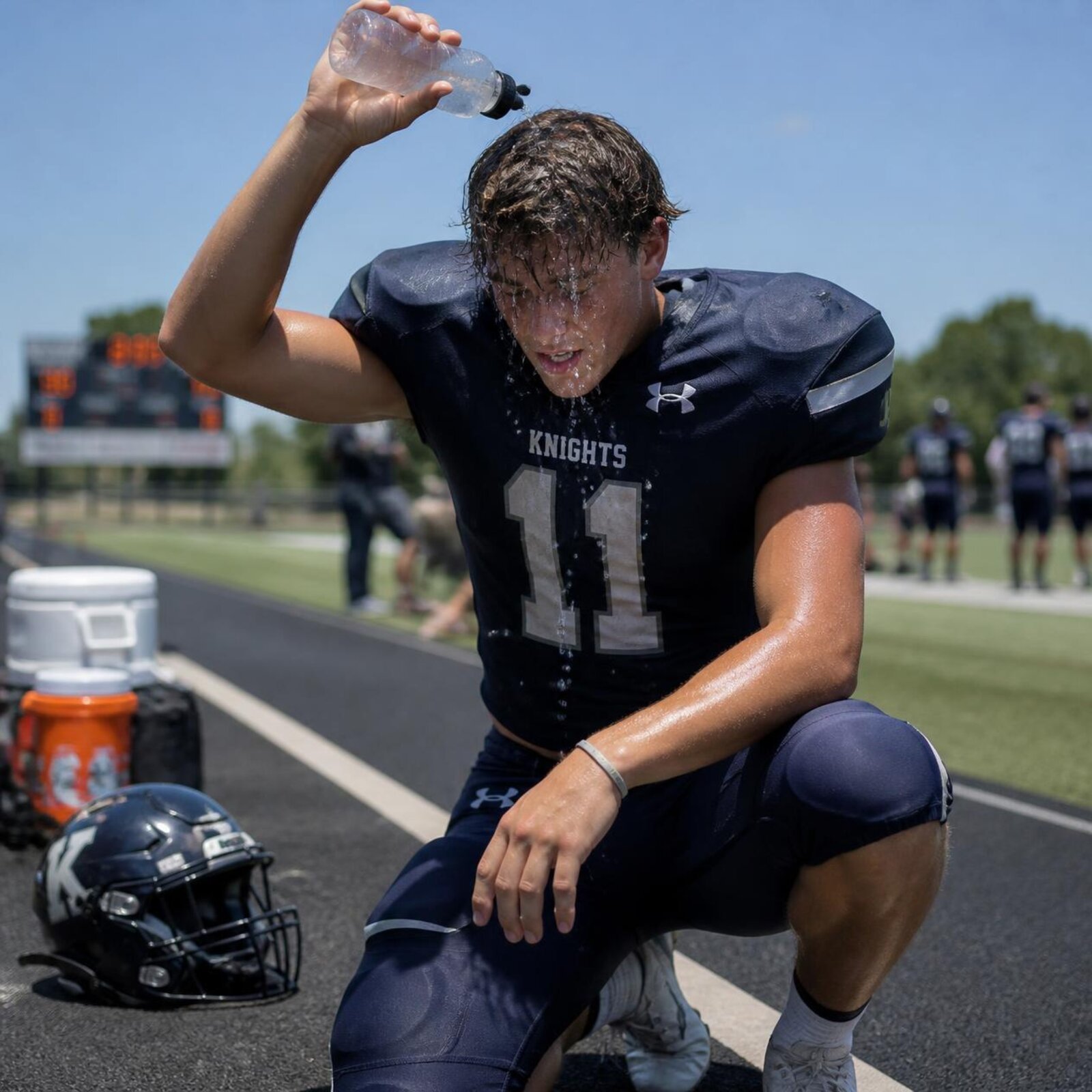 Football player pouring water over his head on the sideline during summer heat
