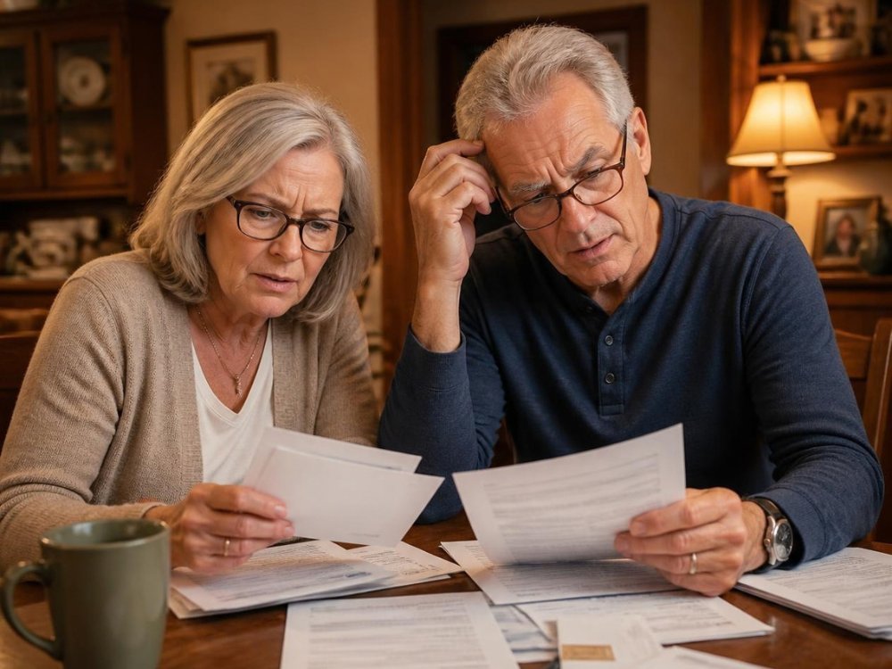 Older couple at a kitchen table reviewing Medicare open enrollment paperwork